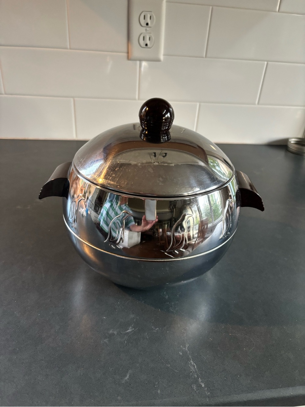 Stainless Steel Ice BuckeServing Bowl with Lid  Bakelite handles.  Penguin